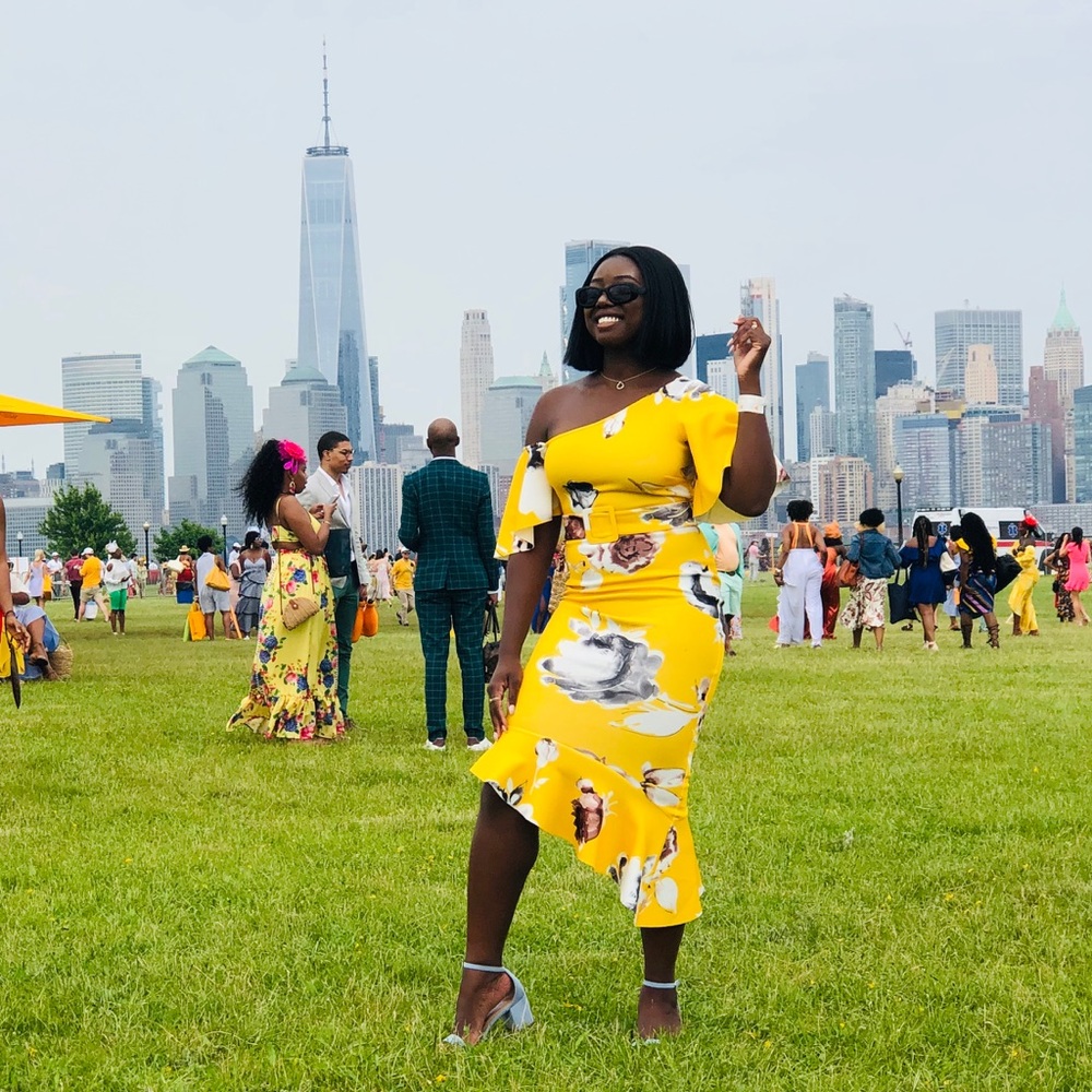 Yellow floral fitted midi dress